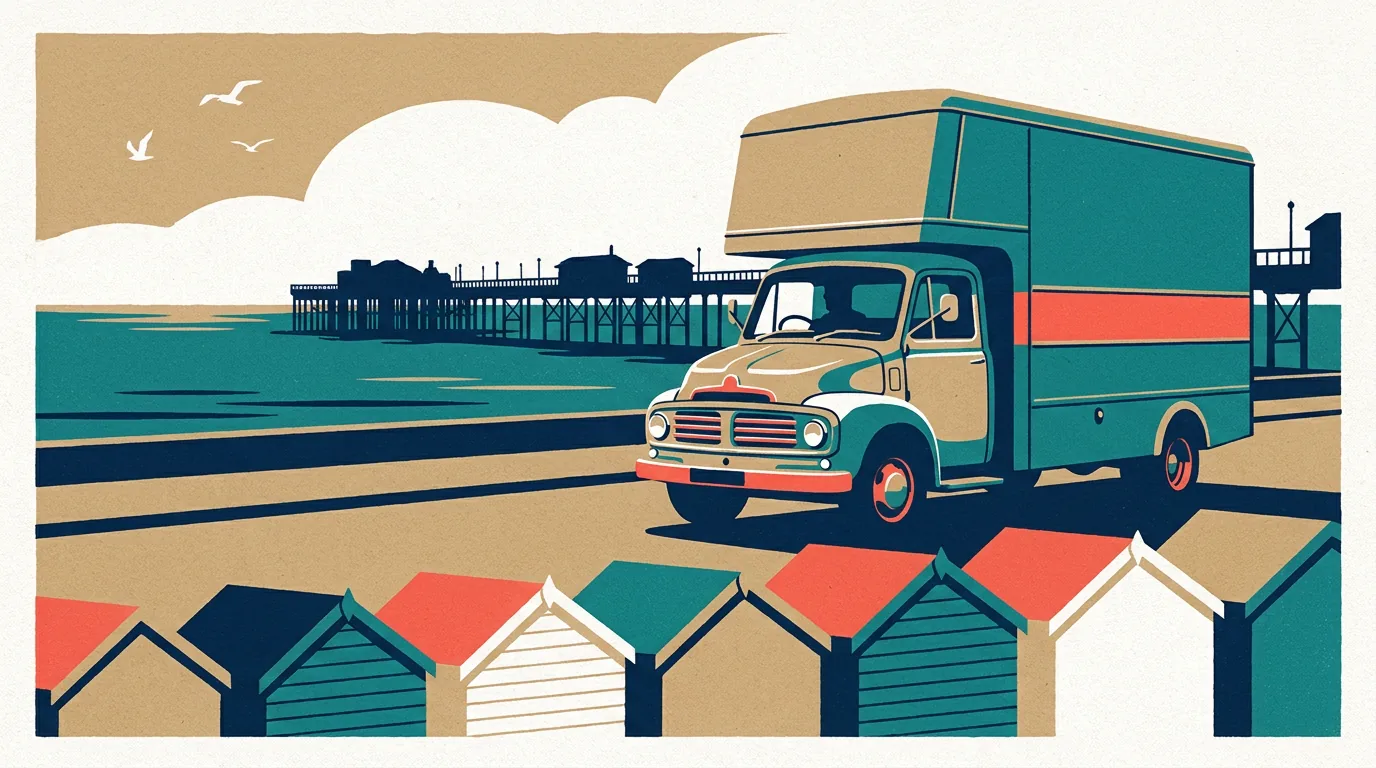 Screen-print style illustration of a removal van on the Worthing seafront, pier and beach huts behind